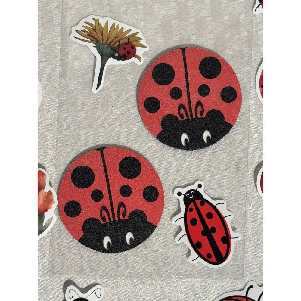 Set of 2 Ladybug Neoprene Fabric Round Car Coasters For Cup Holder & 10 Stickers